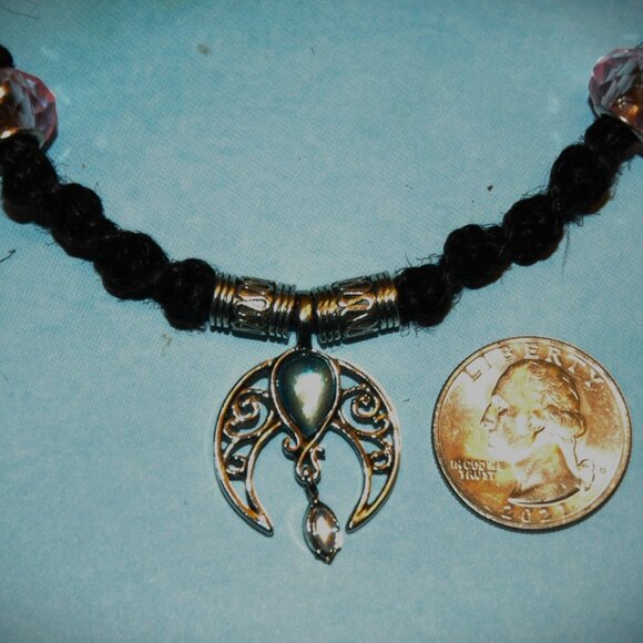 Boho Filigree Crescent Moon with Teardrop on 22" Black Handmade Hemp Necklace - Picture 3 of 5